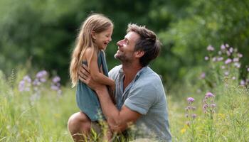 Joyful Father-Daughter Moment in Nature Smiling Faces Copyspace Background photo