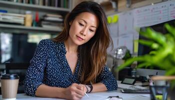 Focused Professional Woman Writing in Office Modern Workspace Background Copyspace Available photo