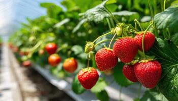Harvesting Fresh Strawberries in a Greenhouse Vibrant Background Copyspace for Text photo