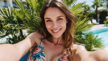Joyful Woman Smiling Selfie by Poolside with Lush Plants Background and Copyspace photo