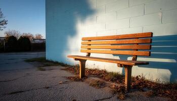 Empty Bench Against Blue Wall Outdoor Space Tranquil Background Copyspace for Relaxation Concept photo