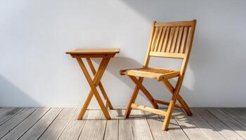 Wooden Chair and Table in Minimalist Background with Copyspace for Design Ideas photo
