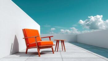 Modern Orange Chair on Minimalist Terrace Urban Landscape Background Copyspace Ideal for Design photo