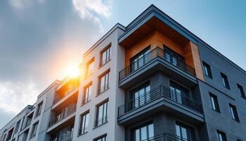 Modern Apartment Building at Sunset City Skyline Background Copyspace for Text photo