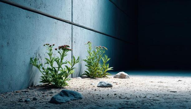 Nature Resilience Wildflowers in Concrete Background with Copyspace Urban Environment Close-up View photo