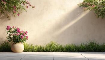 Vibrant Flower Pot Against Textured Wall Outdoor Garden Image with Background and Copyspace photo