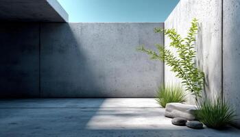 Modern Concrete Interior with Green Plants Minimalist Background Copyspace Bright Environment photo
