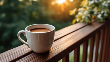 Morning Coffee Moments on a Deck Nature Background Relaxing Copyspace View photo