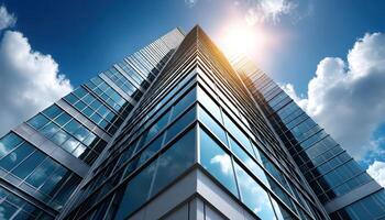 Modern Office Building Structure with Glazing Urban Landscape Copyspace Bright Background photo