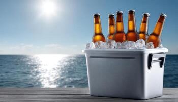 Refreshing Beers in Ice Bucket Ocean View Beverage Photography Bright Background Copyspace photo