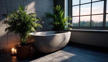 Relaxing Bath Experience in a Serene Bathroom Setting Minimalist Design Background Copyspace photo