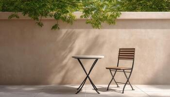 Relaxing Outdoor Table and Chair in Minimalist Garden Background with Copyspace photo