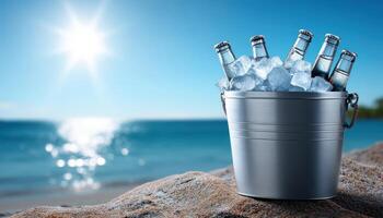 Refreshing Bottled Drinks in Ice Bucket Seaside Background with Copyspace for Summer Vibes photo