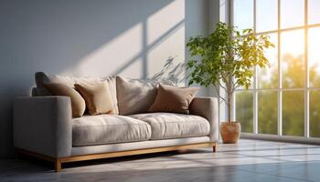 Cozy Couch in Sunlit Room Modern Interior Copyspace Background Relaxing Environment photo