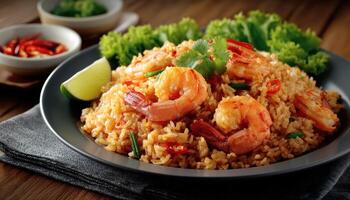 Delicious Shrimp Fried Rice Kitchen Background Food Photography Warm Environment Close-Up Copyspace photo