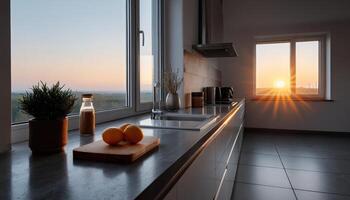 Sunset Kitchen Scene with Fresh Oranges Modern Home Photographic Background Copyspace photo