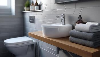 Modern Bathroom Design with Elegant Sink and Neat Towels Stylish Background Copyspace photo