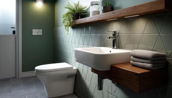 Modern Bathroom Design Home Interior Image with Background and Copyspace Relaxing Environment photo