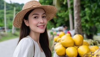 Cheerful Young Woman Smiling at a Market Outdoor Background Copyspace for Text photo