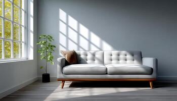 Modern Couch Design in Minimalist Room Stylish Living Space Soft Lighting Background Copyspace photo