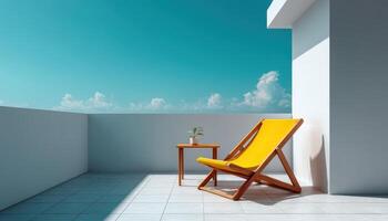 Relaxing in a Bright Yellow Lounge Chair Rooftop Terrace Modern Design Clear Sky Minimalistic Background Copyspace photo