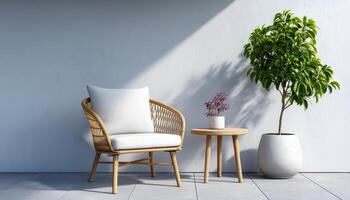 Relaxing Corner with Rattan Chair and Green Plant Modern Home Interior Background Copyspace photo