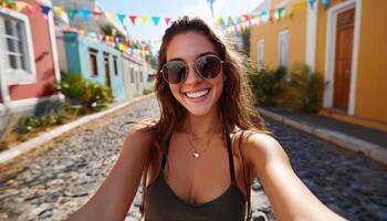 Joyful Selfie Moment in Colorful Street Background with Copyspace Vibrant Lifestyle Scene photo
