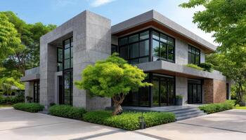 Modern Architectural House Exterior Suburban Area High-Resolution Image Green Background Copyspace photo