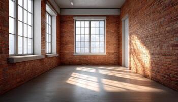 Bright Empty Brick Room with Natural Light Urban Background Copyspace for Design photo