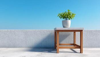 Minimalist Indoor Plant on Wooden Table Bright Outdoor Background Copyspace for Text photo