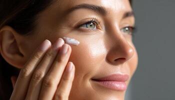 Skincare Routine Woman Applying Cream Indoor Setting Soft Background Copyspace Focus photo