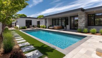 Elegant Poolside Retreat with Modern Architecture Sunny Outdoors Background Copyspace photo