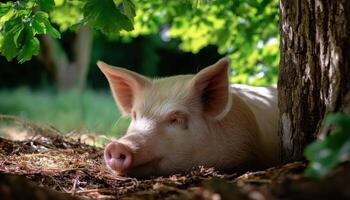 Resting Pig in Nature Relaxed Environment Background with Copyspace for Farm Life Imagery photo