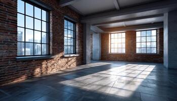 Bright Industrial Loft Interior with Windows Brick Background Copyspace for Creative Projects photo