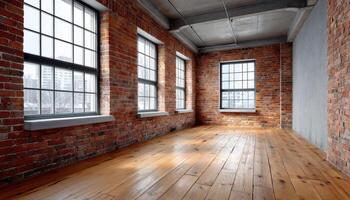 Empty Industrial Loft Interior with Brick Walls and Large Windows Urban Background Copyspace photo