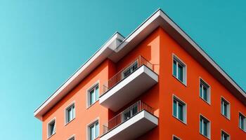 Modern Orange Apartment Building Urban Setting Architectural Photography Clear Sky Background with Copyspace photo