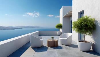 Serene Balcony View Overlooking the Sea Modern Design Bright Background Copyspace photo