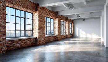 Modern Industrial Loft Space Urban Setting Interior Photography Bright Background Copyspace photo