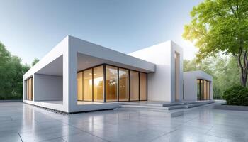 Modern Architectural House Design Suburban Area Exterior View Bright Background Copyspace photo
