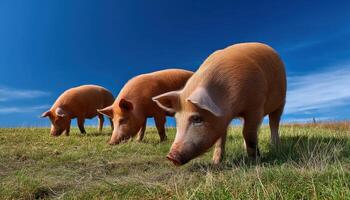 Pigs Grazing in a Green Field Rural Landscape Animal Photography Clear Background Copyspace photo