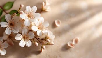 Cherry Blossom Branch with Copyspace on Soft Background Nature Close-up Floral Art photo