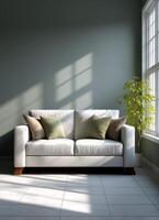 Cozy Living Room Sofa with Greenery Bright Natural Light Minimalist Style Copyspace Background photo