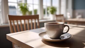 Coffee Cup on Table with Copyspace Bright Background Cozy Cafe Environment photo