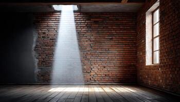 Sunbeam Illuminating a Rustic Brick Wall Indoor Space Photography Industrial Background Copyspace photo