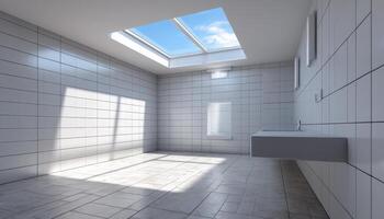 Modern Bathroom Interior with Skylight Clean Tiles Design Background and Copyspace for Inspiration photo