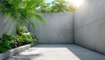Modern Minimalist Garden Space Outdoor Serenity Concrete Background Copyspace for Relaxation photo