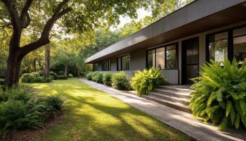 Modern Architecture Home in Nature Beautiful Background with Copyspace Tranquil Environment photo