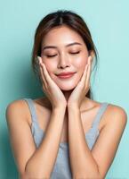 Joyful Woman Smiling Studio Background Portrait Photography Serene Setting Close-Up View Copyspace Available photo