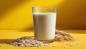 Oat Milk Glass with Oats and Wheat on Yellow Background Healthy Drink Copyspace photo