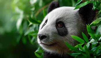 Panda Close-Up Natural Habitat Wildlife Photography Lush Green Background Copyspace for Text photo